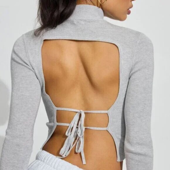 Open Tie Back Mock Neck Top - Picture 3 of 4